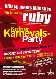 Kölner Karnevals Party 2016 im ruby Danceclub am Münchner Stachus: Kölsch meets München am 04.02. und 09.02.2015 